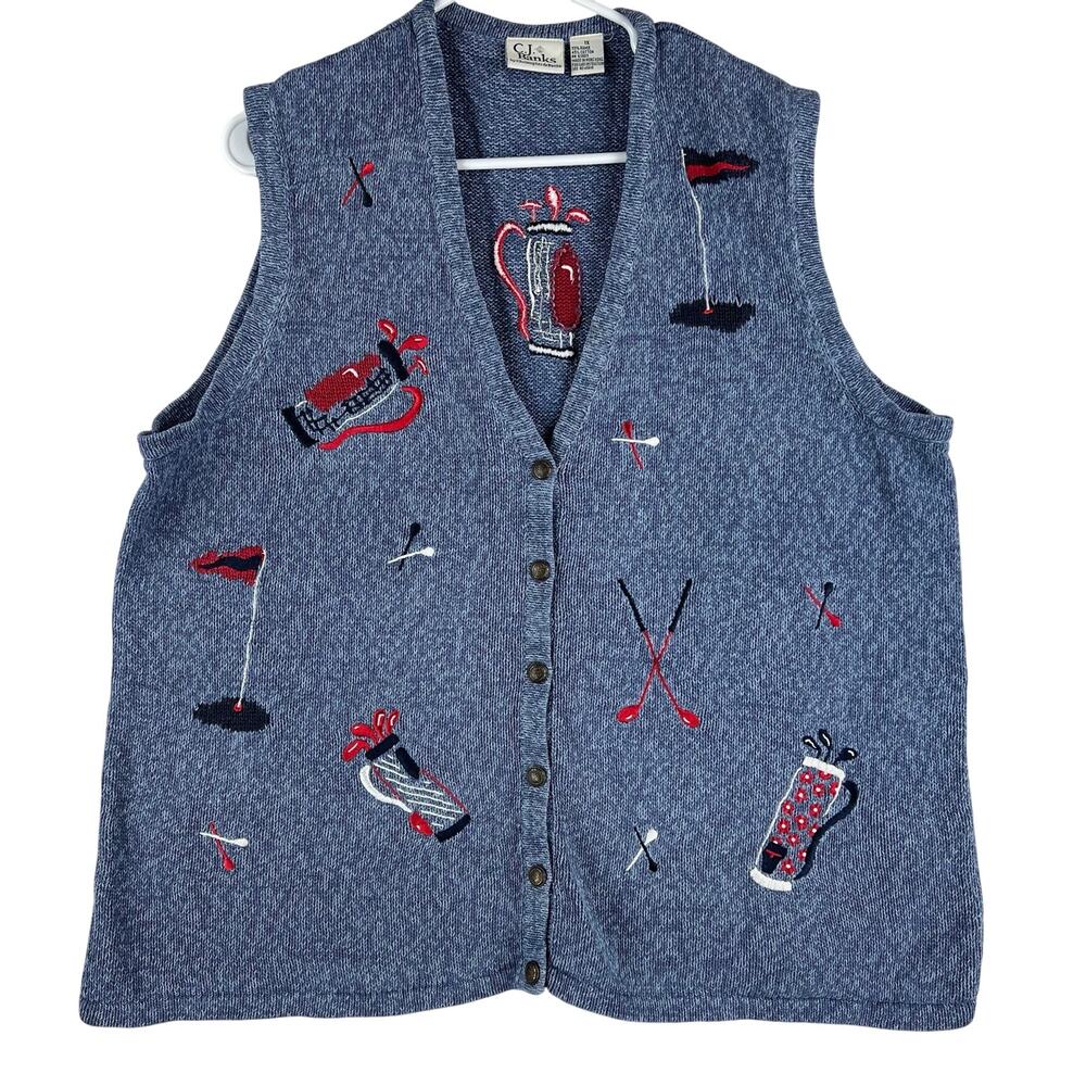 C.J. Banks Womens Golf Sweater Vest 1X Blue Embroidered Button - Vintage